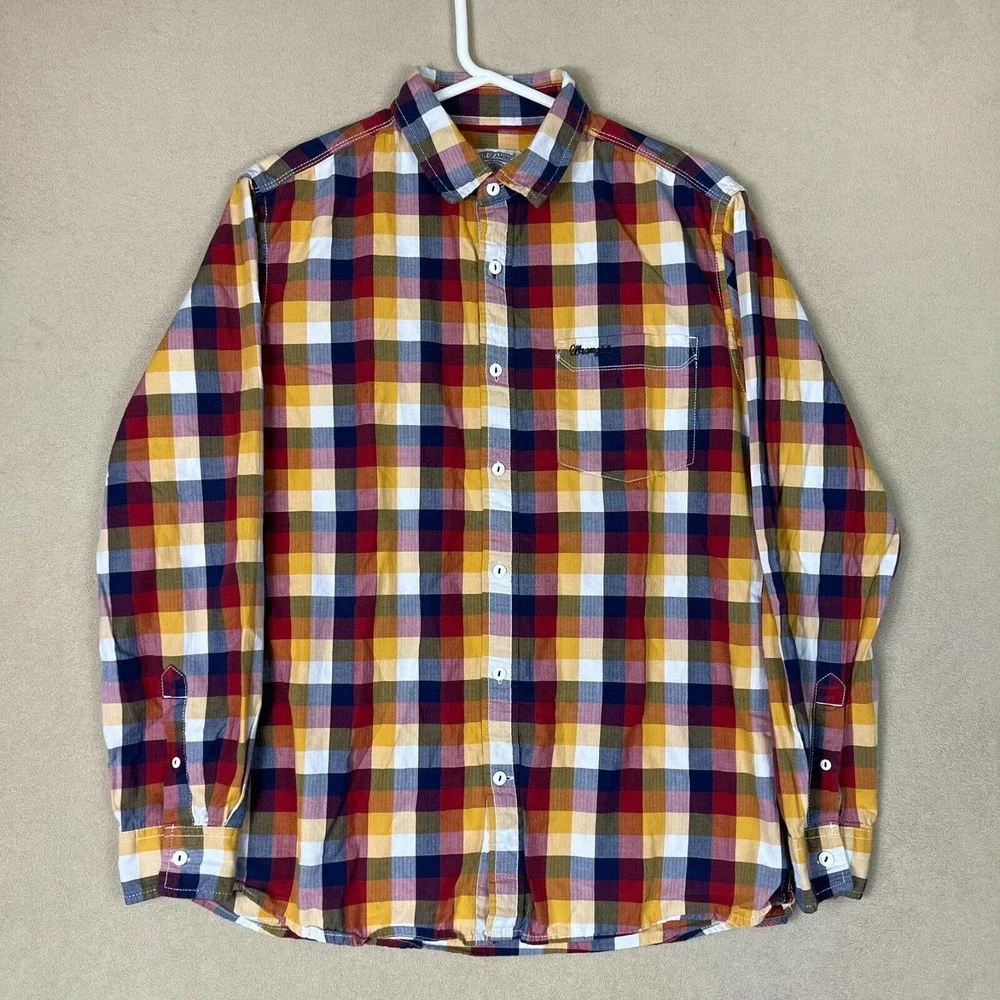 Wrangler Shirt Adult Large Multicolor Plaid Long Sleeve Pocket Logo‎ Mens